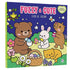 Livro de colorir "Fuzzy & Cute" com ursos e coelho pintando ovos de Páscoa em cenário de floresta. — Plenitude