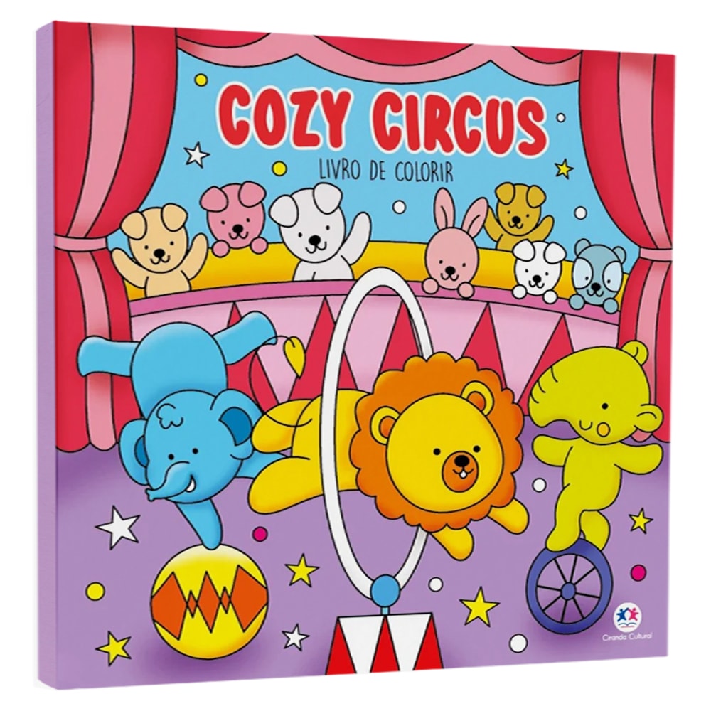 Livro de Colorir Cozy Circus, capa lilás com animais de circo e tenda. — Plenitude