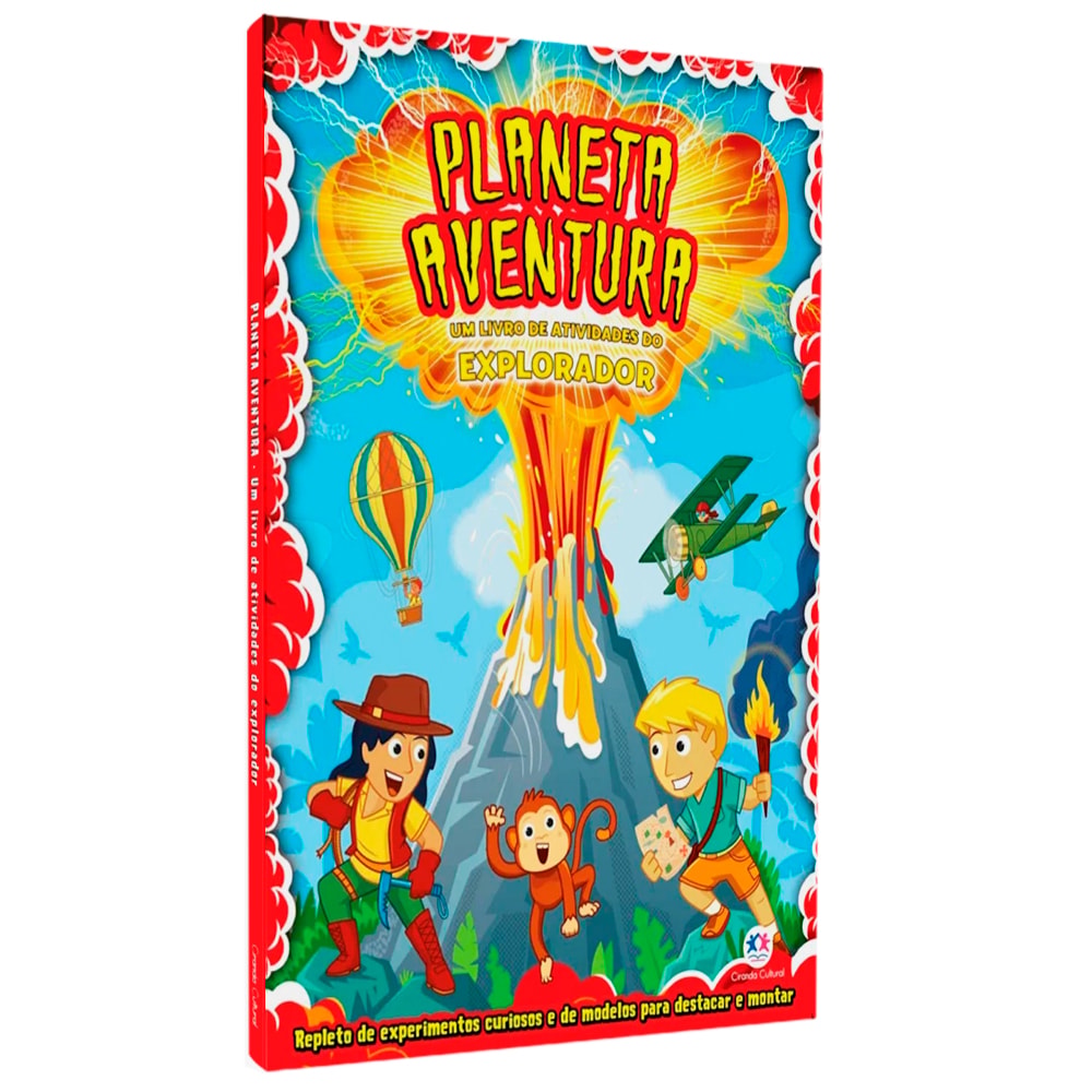 Livro de atividades, "Planeta Aventura", com capa colorida de vulcão e exploradores. — Plenitude