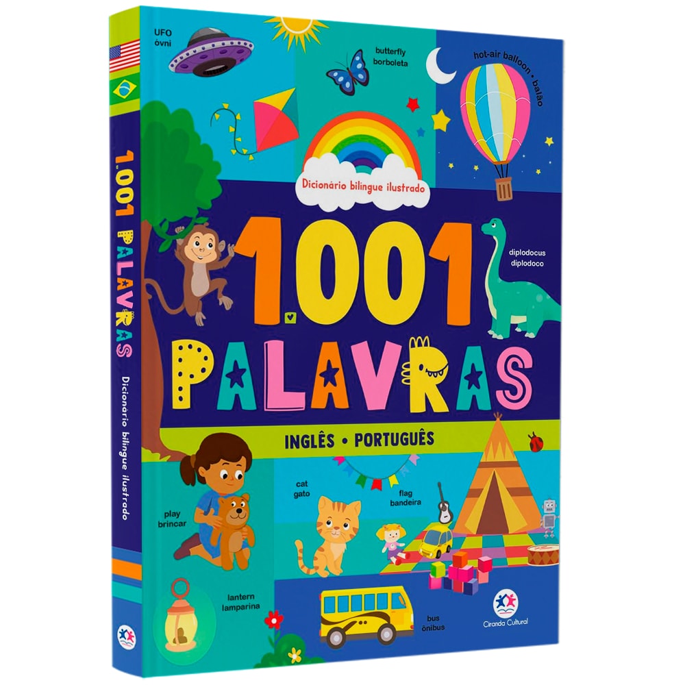 Livro "1001 Palavras | Dicionário Bilingue Ilustrado | Inglês e Português" com capa colorida e ilustrações. — Plenitude