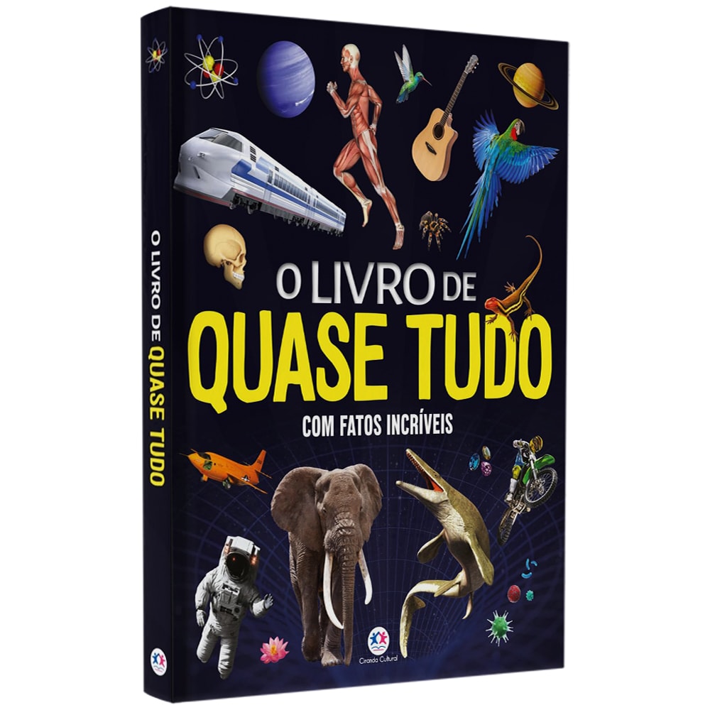 Livro "O Livro de Quase Tudo", capa azul escura com diversas ilustrações de objetos e seres. — Plenitude