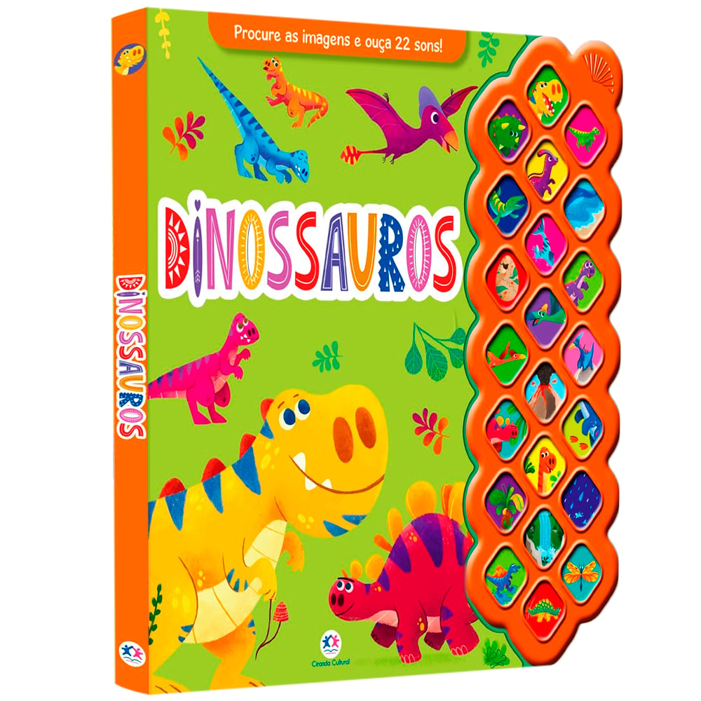 Livro Sonoro Dinossauros, capa verde com dinossauros coloridos e botões de som. — Plenitude