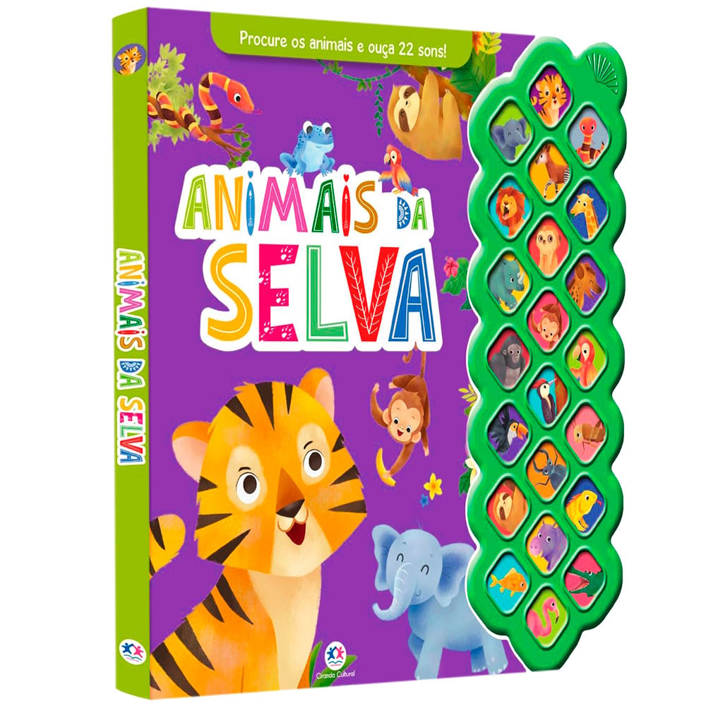 Livro Sonoro Animais da Selva, capa roxa com animais da selva e botões de som. — Plenitude