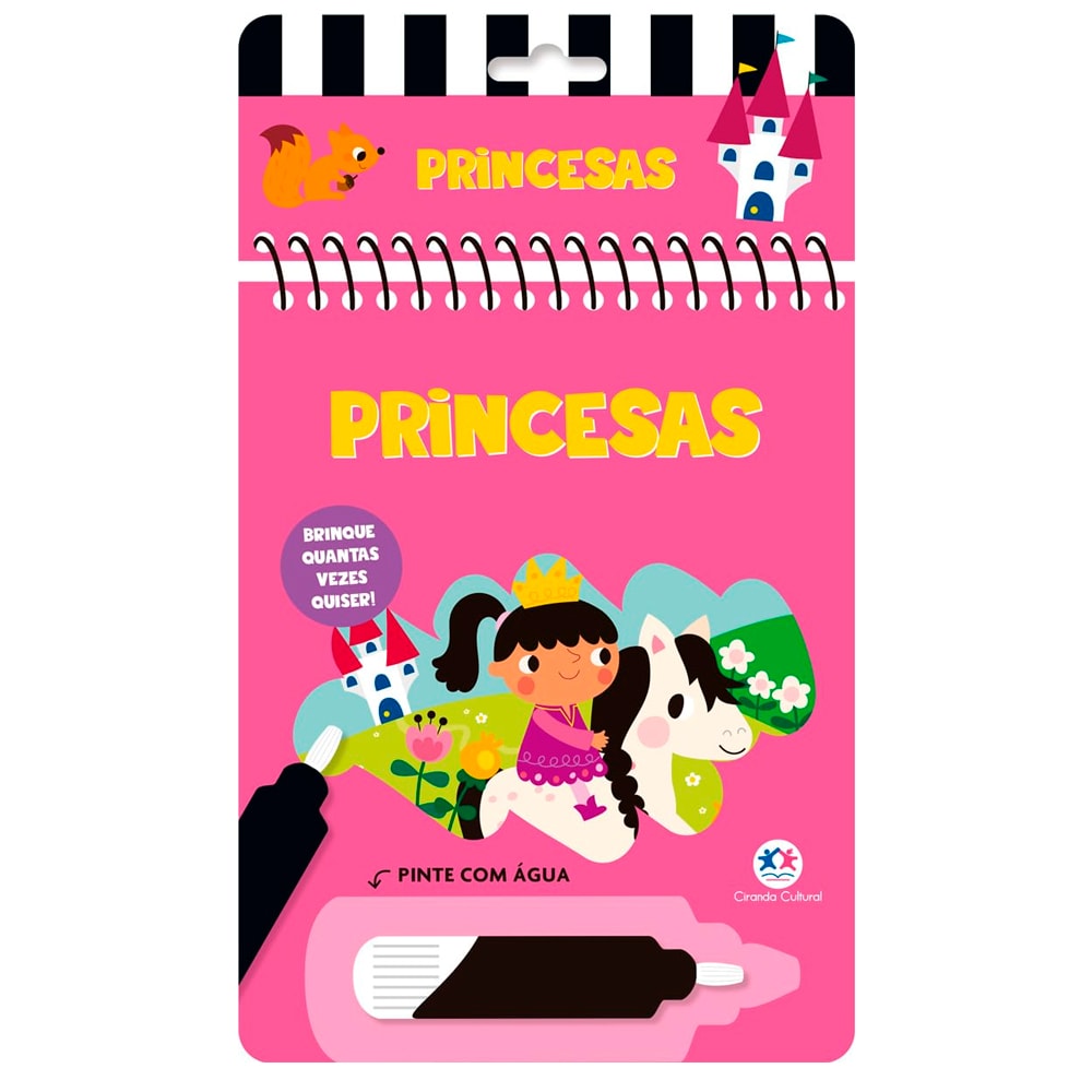 Aquabook Princesas, livro para colorir com água, capa rosa com princesa e castelo. — Plenitude