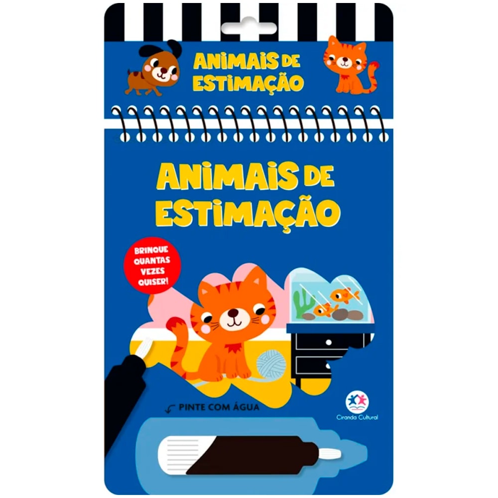 Aquabook Animais de Estimação, livro de pintar com água, capa azul com ilustrações de cães, gatos e peixes. — Plenitude