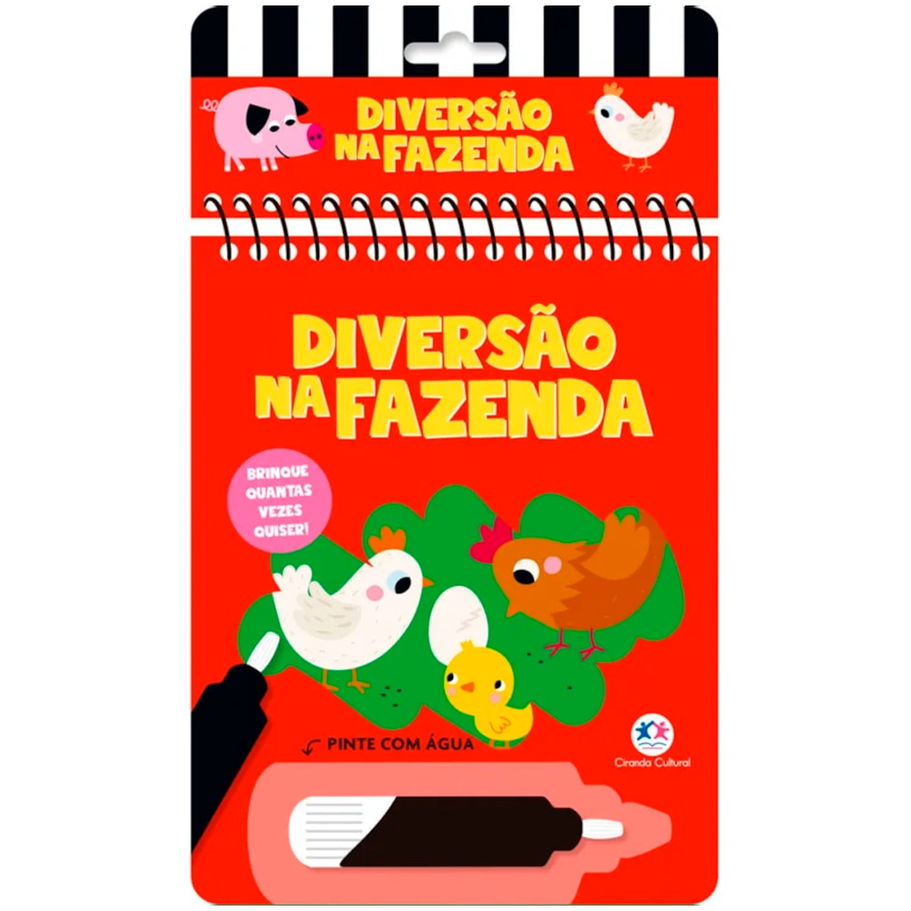 Aquabook Diversão na Fazenda, livro de pintar com água, capa vermelha com ilustrações de animais de fazenda. — Plenitude