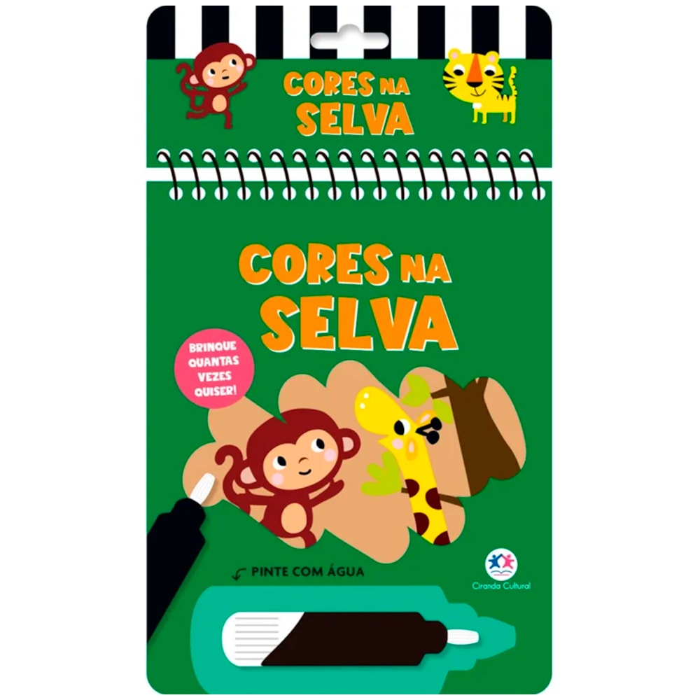 Aquabook Cores na Selva, livro para colorir com água, capa verde com macaco e girafa. — Plenitude
