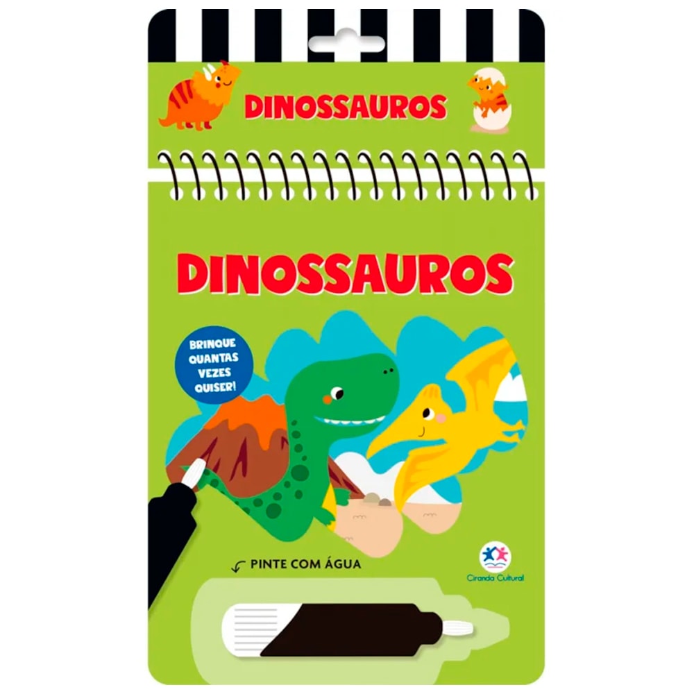 Livro Aquabook Dinossauros, para pintar com água, capa verde com dinossauros e caneta aplicadora. — Plenitude