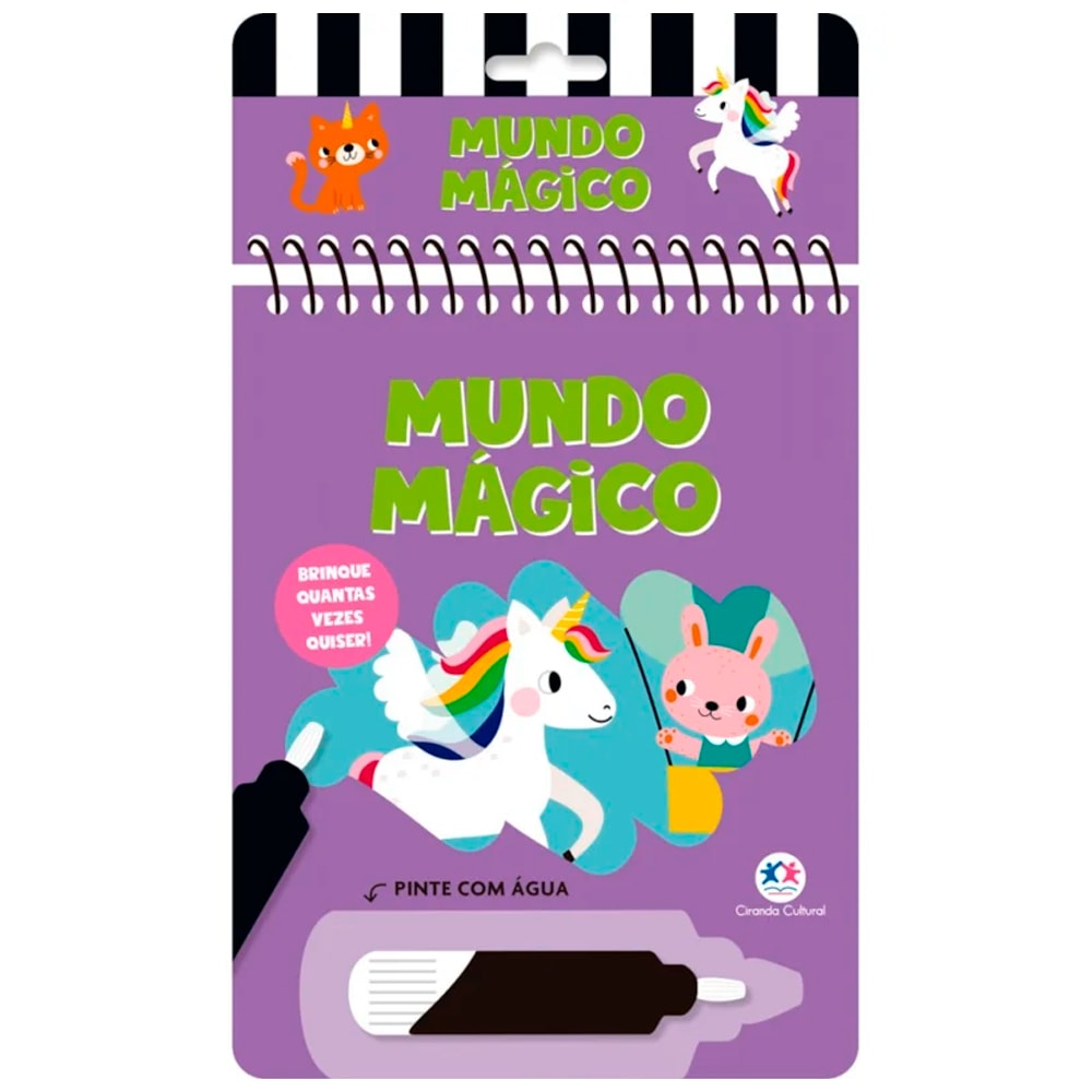 Aquabook Mundo Mágico, livro de pintar com água, capa roxa com ilustrações de unicórnios e coelhos. — Plenitude
