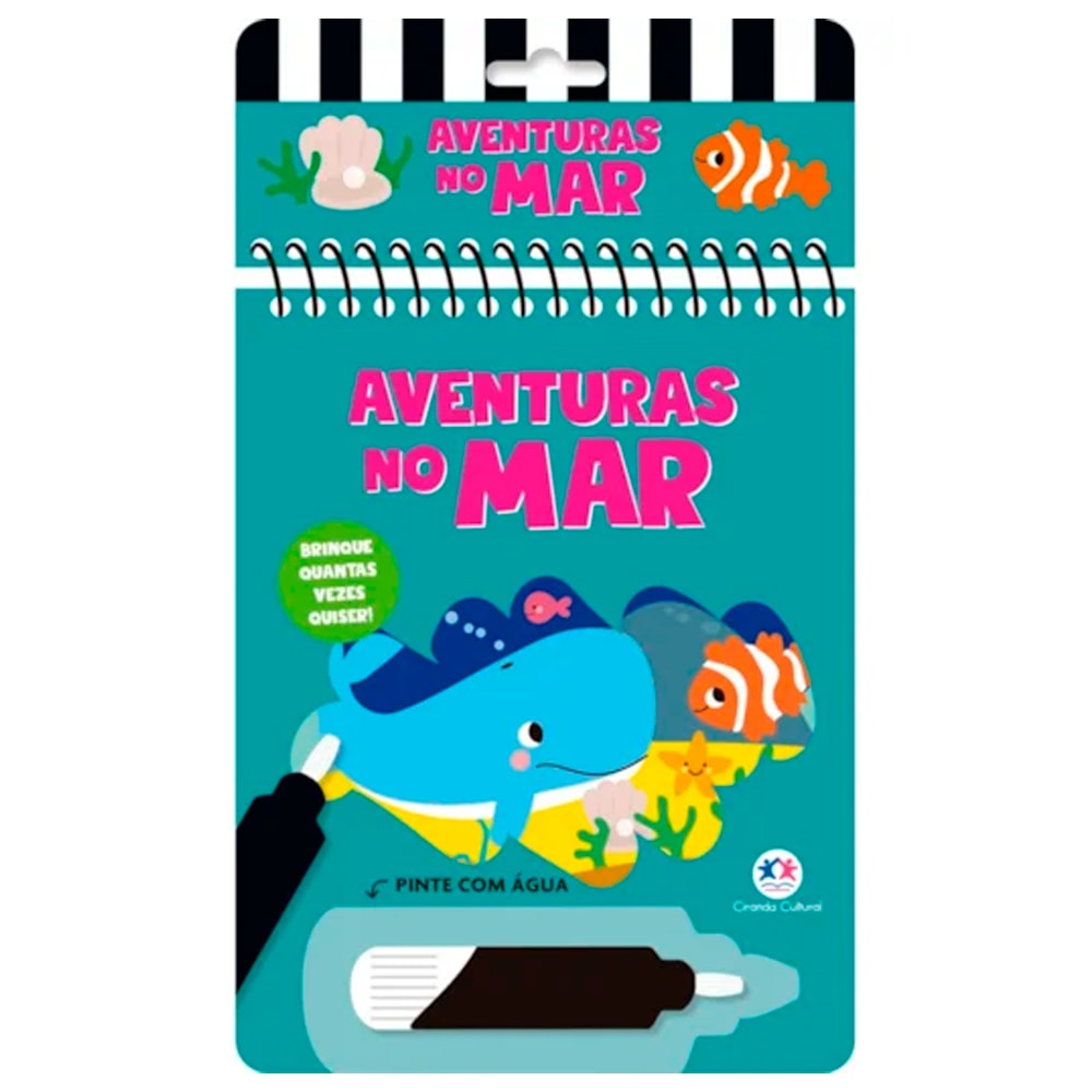 Aquabook Aventuras no Mar, livro de pintar com água, capa azul-turquesa com ilustrações de animais marinhos. — Plenitude