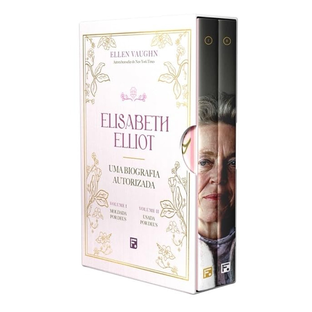 Box Elisabeth Elliot Uma Biografia Autorizada, 2 volumes, capa branca com detalhes florais e foto da autora. — Plenitude