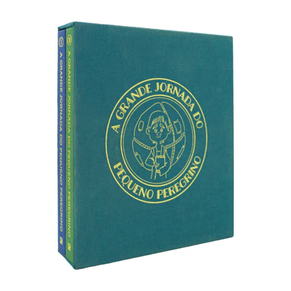 Box A Grande Jornada do Peregrino, 2 volumes, capa dura verde com ilustração dourada. — Plenitude