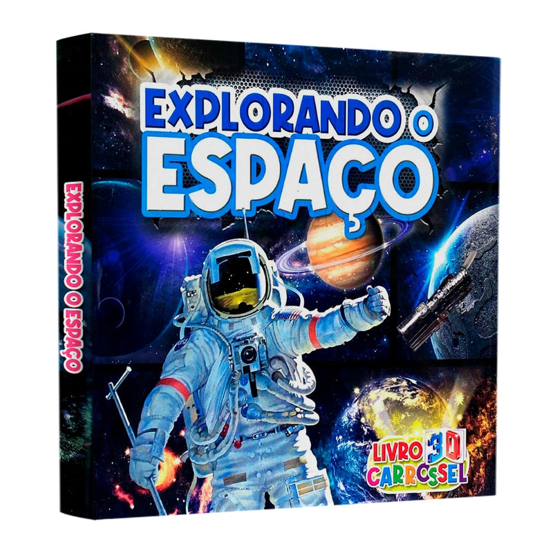 Livro 3D carrossel "Explorando o Espaço", capa preta com astronauta e planetas. — Plenitude