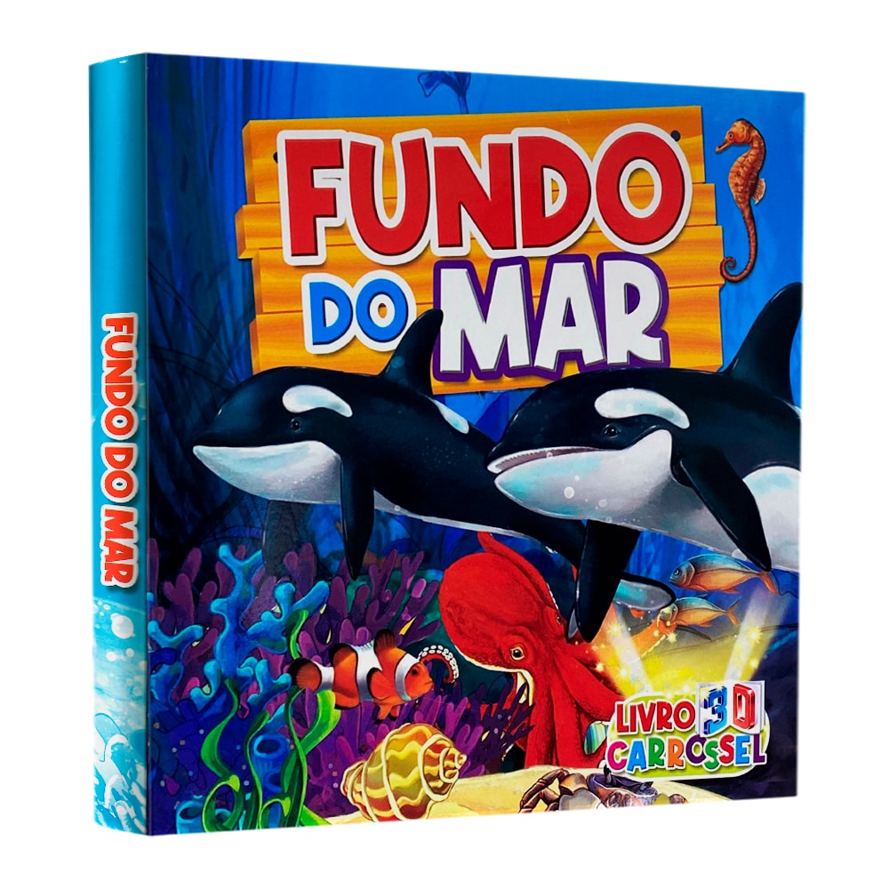 Livro 3D Carrossel Fundo do Mar, capa azul com ilustrações de animais marinhos e título em amarelo — Plenitude