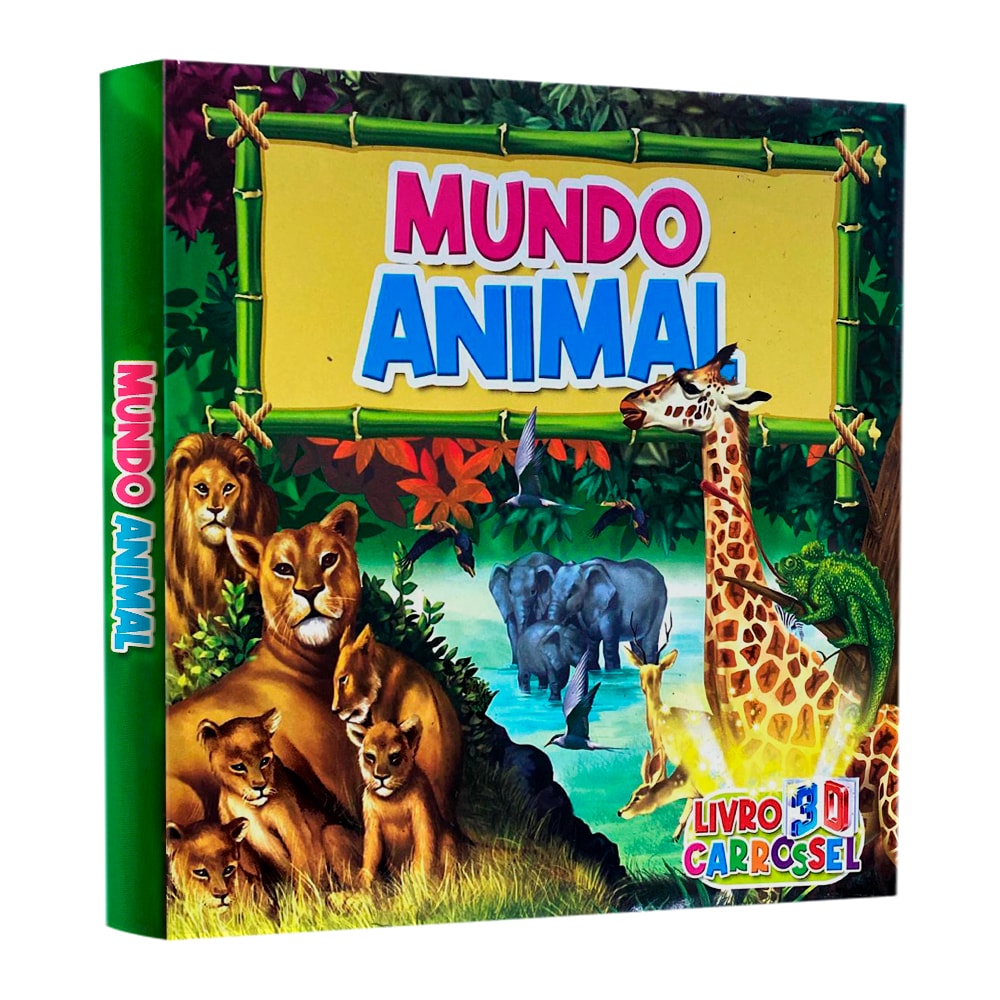 Livro 3D Carrossel Mundo Animal, capa dura colorida com leões, girafa, elefantes e outros animais. — Plenitude