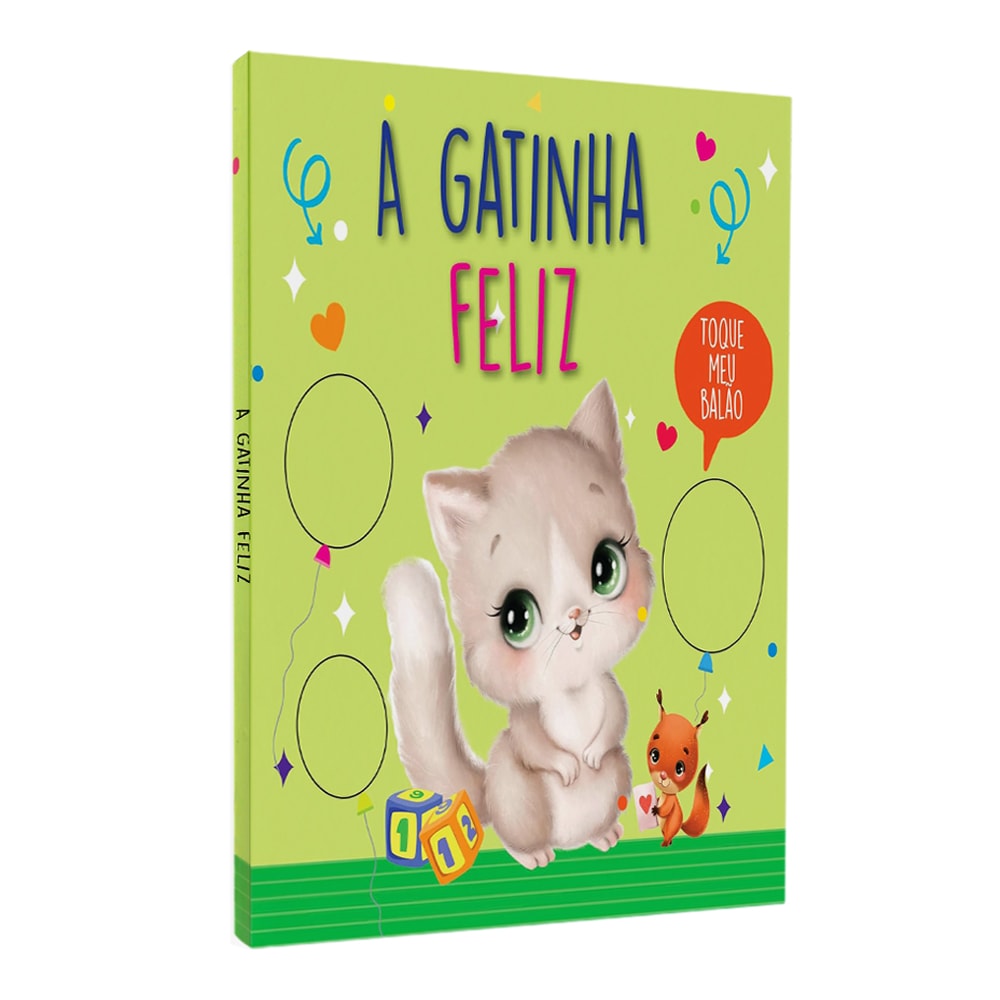 Livro Toque Meu Balão A Gatinha Feliz, capa verde com gatinha e balões para tocar. — Plenitude
