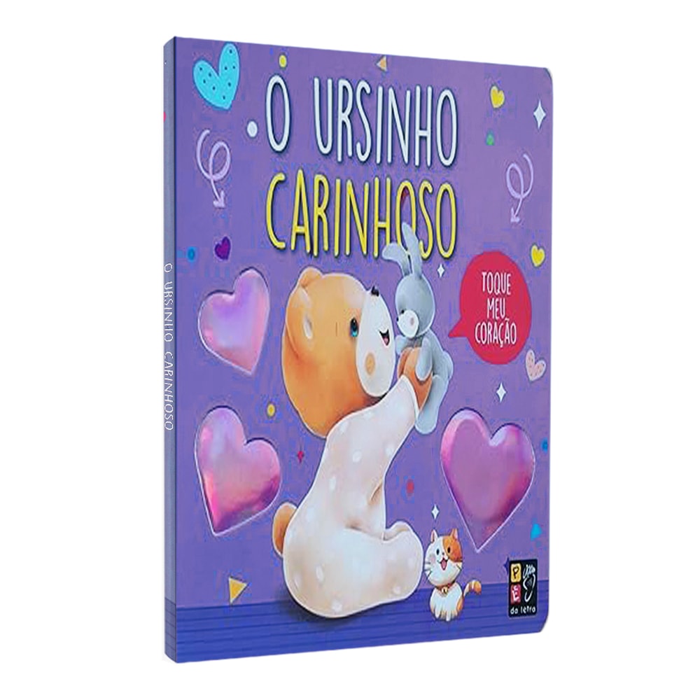 Livro infantil de capa dura "Toque Meu Coração | O Ursinho Carinhoso", em roxo com ilustração de urso e corações. — Plenitude