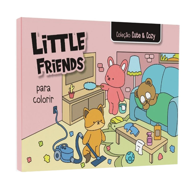 Livro para Colorir Coleção Cute and Cozy Little Friends, capa rosa com ilustração de animais em uma sala — Plenitude