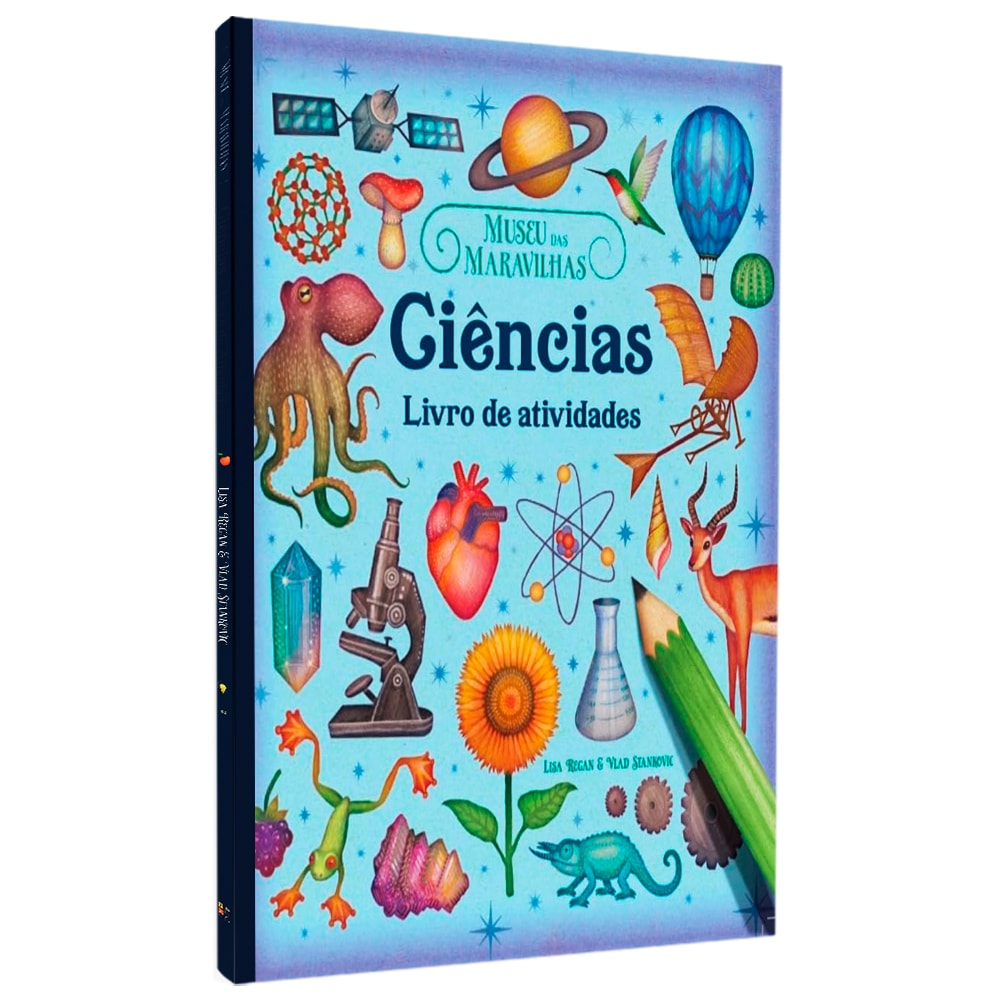 Livro de Atividades Museu das Maravilhas Ciências, capa colorida com ilustrações de elementos científicos. — Plenitude