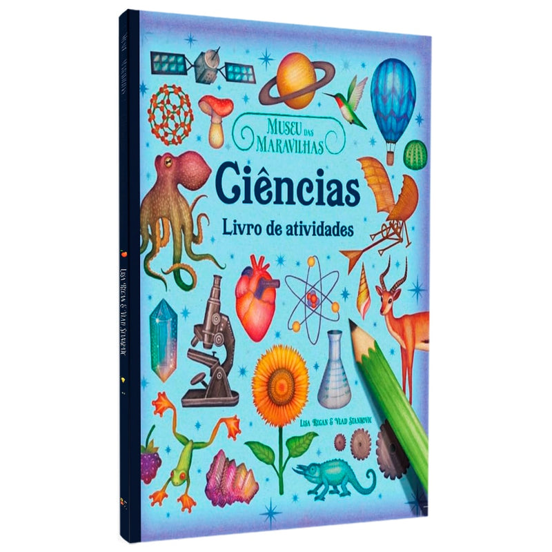 Livro de Atividades Museu das Maravilhas Ciências, capa colorida com ilustrações de elementos científicos. — Plenitude
