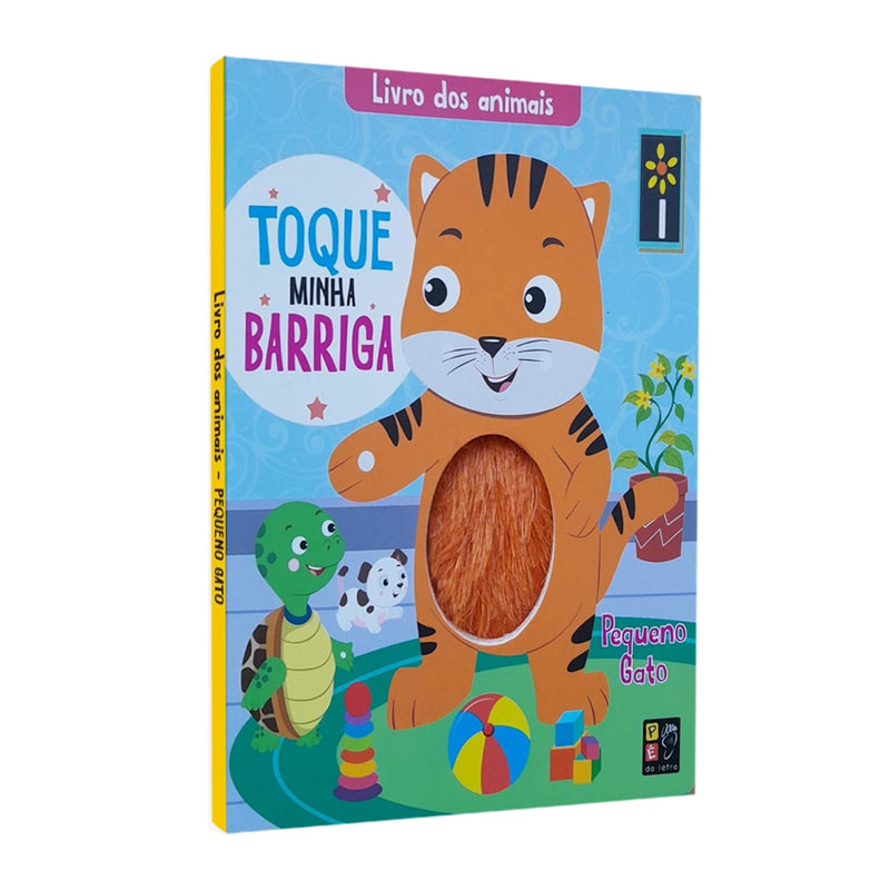 Livro dos Animais Toque minha Barriga Pequeno Gato, capa colorida com gato laranja e barriga de pelúcia. — Plenitude