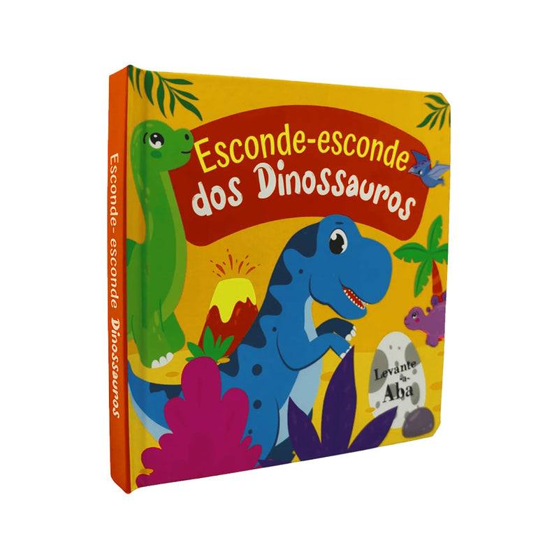 Livro de abas "Esconde-Esconde dos Dinossauros", capa amarela com dinossauros. — Plenitude