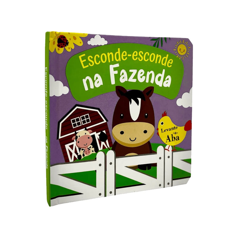 Livro de abas "Esconde-Esconde na Fazenda", capa roxa com cavalo e celeiro. — Plenitude