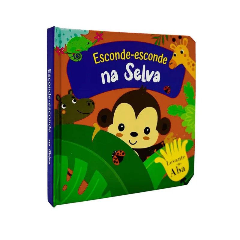 Livro de abas "Esconde-Esconde na Selva", capa marrom com macaco. — Plenitude