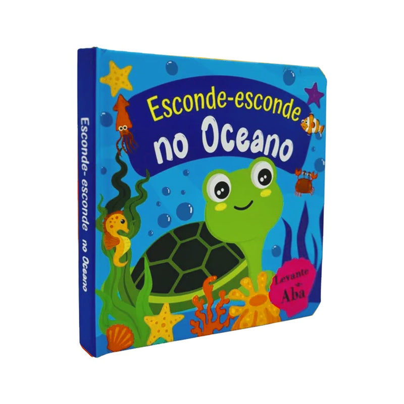 Livro de abas "Esconde-Esconde no Oceano", capa azul com tartaruga e animais marinhos. — Plenitude