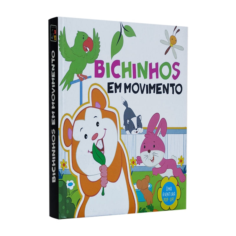 Livro Pop-Up Bichinhos em Movimento, capa colorida com hamster, coelho e outros bichinhos. — Plenitude