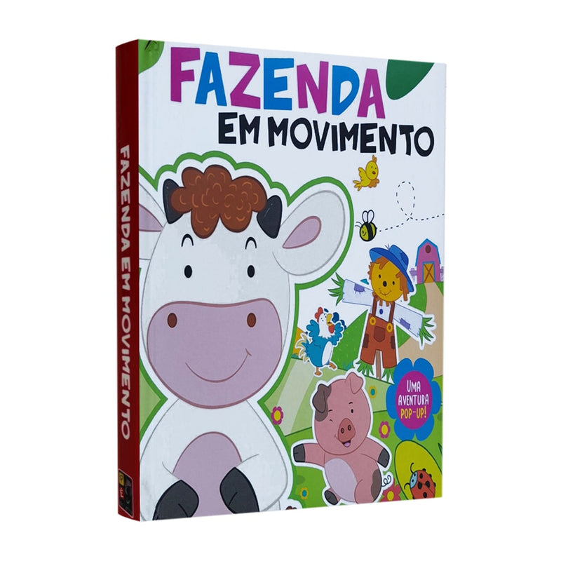 Livro Pop-Up Fazenda em Movimento, capa colorida com vaca, porco, galinha e outros animais da fazenda. — Plenitude