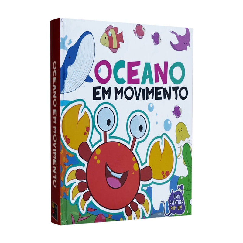 Livro Pop-Up Oceano em Movimento, capa colorida com caranguejo, baleia e outros animais marinhos. — Plenitude