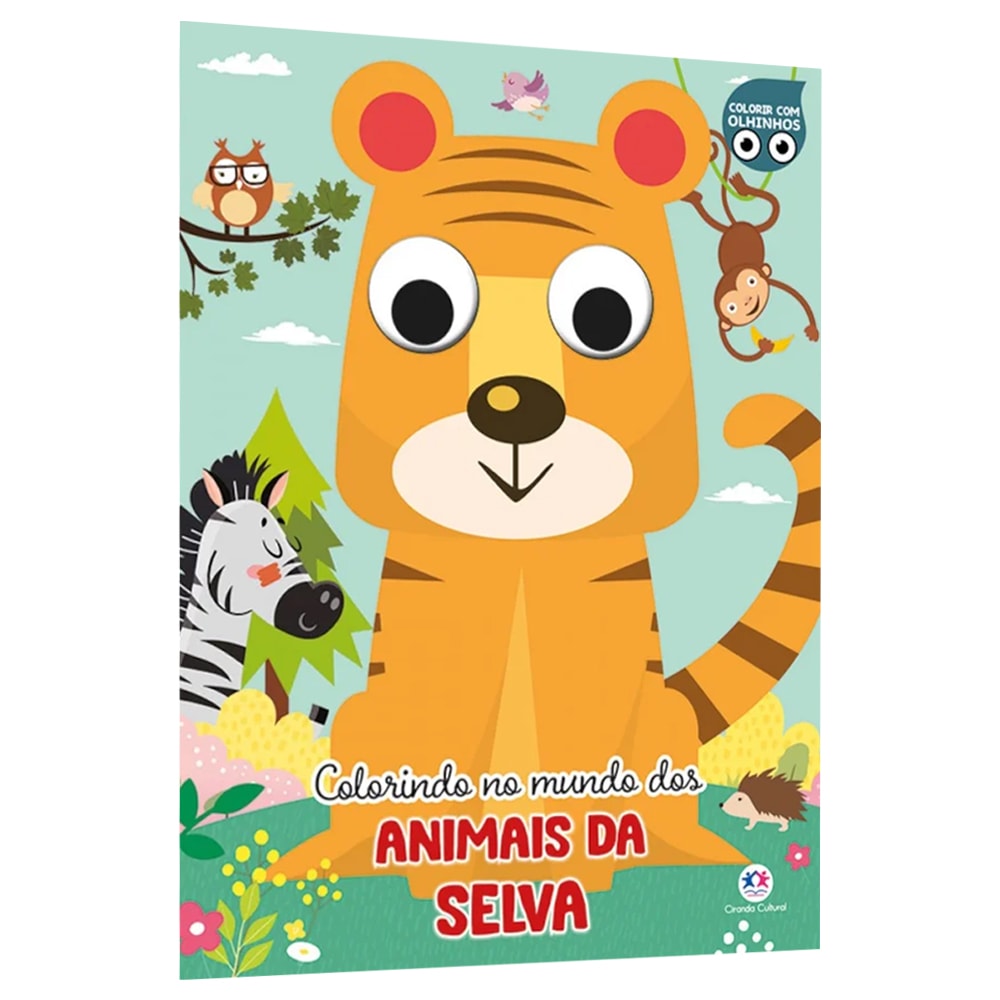 Livro de Colorir com Olhinhos Colorindo no Mundo dos Animais da Selva, capa com tigre e outros animais. — Plenitude