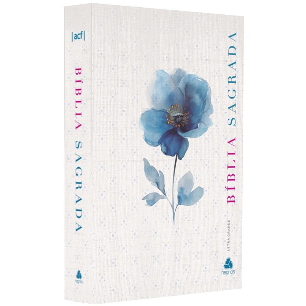 Bíblia Sagrada ACF Letra Grande, capa dura branca com flor azul, detalhes em azul e dourado. — Plenitude