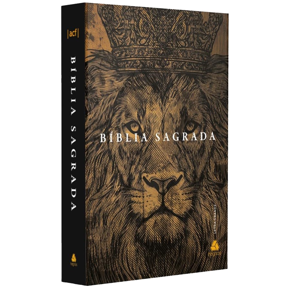 Bíblia Sagrada ACF Letra Grande, capa dura preta com ilustração de leão dourado coroado. — Plenitude.