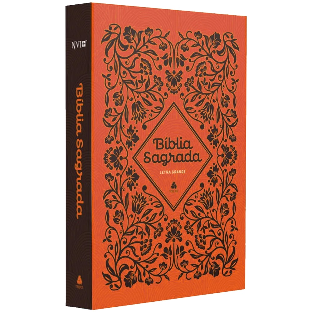 Bíblia Sagrada NVI Letra Grande, capa dura laranja com estampa floral preta. — Plenitude