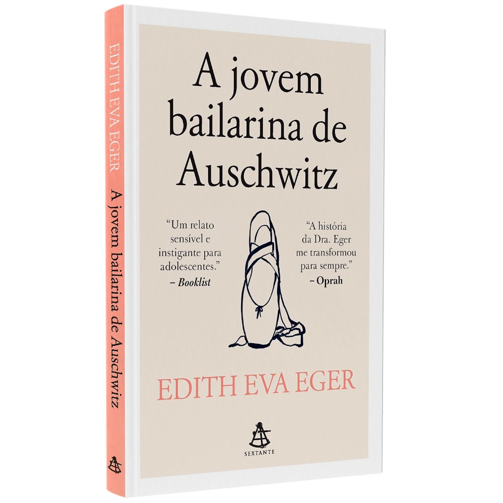 Livro A Jovem Bailarina de Auschwitz, capa bege com ilustração de sapatilha de balé. — Plenitude