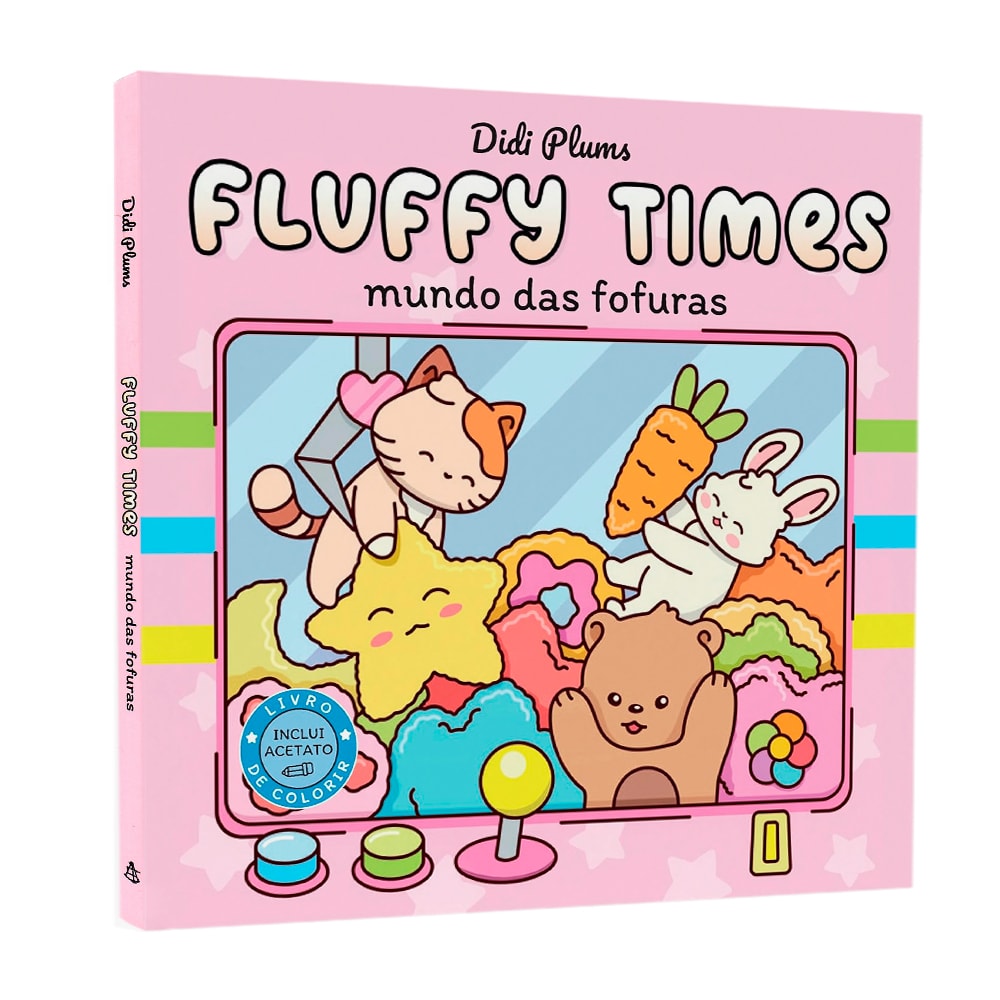 Livro Fluffy Times, capa rosa com ilustração de máquina de pegar bichos de pelúcia. — Plenitude