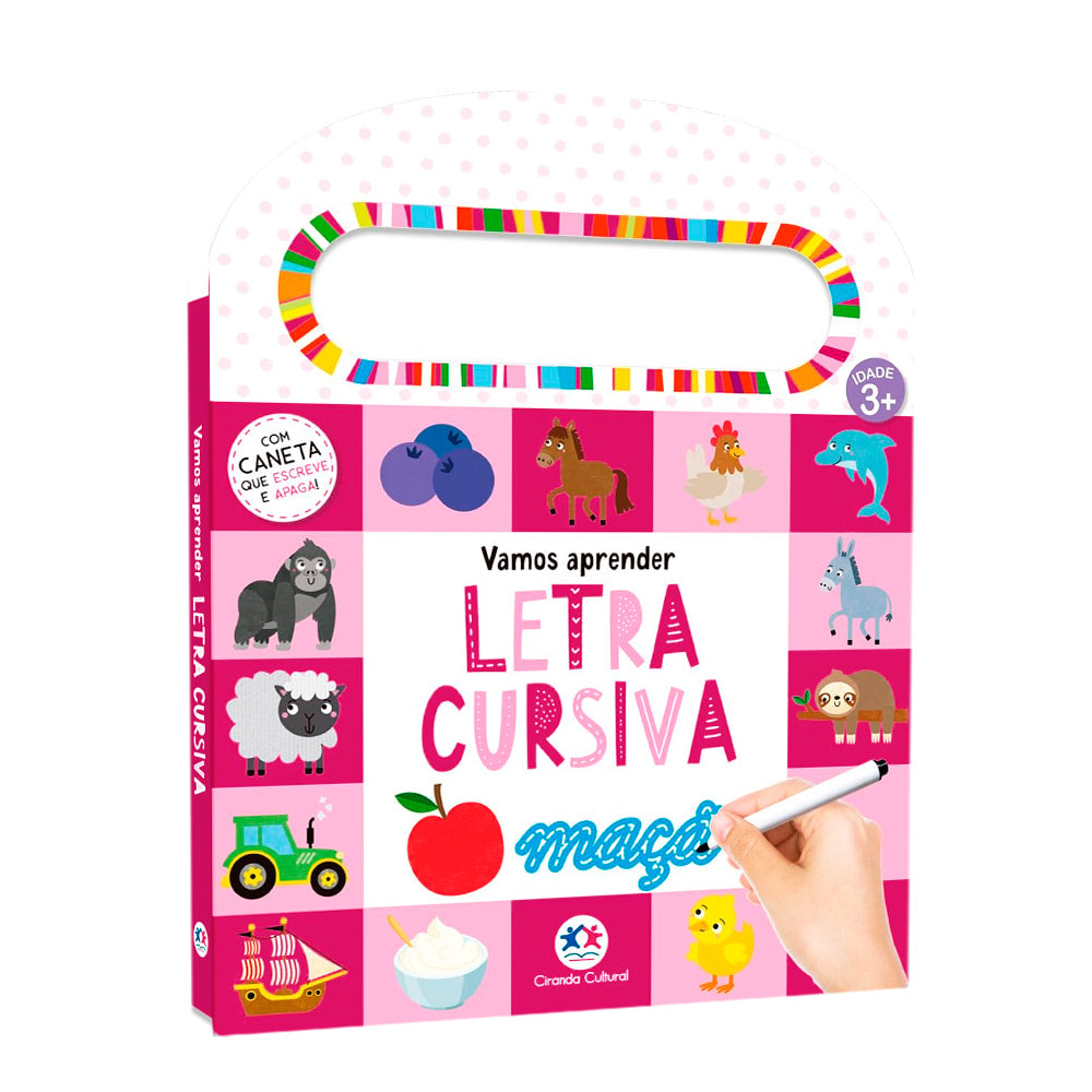 Livro Vamos Aprender Letra Cursiva, capa rosa com caneta que escreve e apaga, ilustrações de animais e frutas. — Plenitude