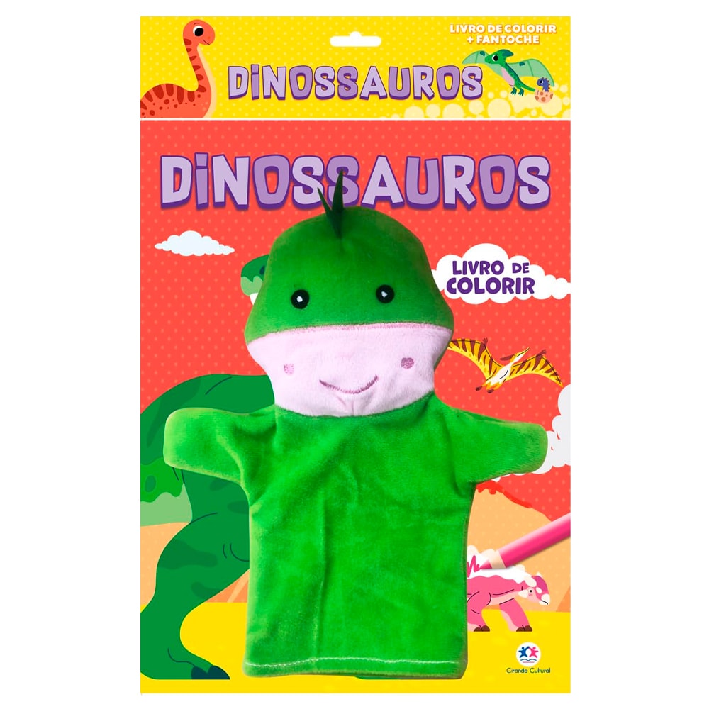 Livro de Colorir Dinossauros com Fantoche, capa vermelha com dinossauros e fantoche verde. — Plenitude