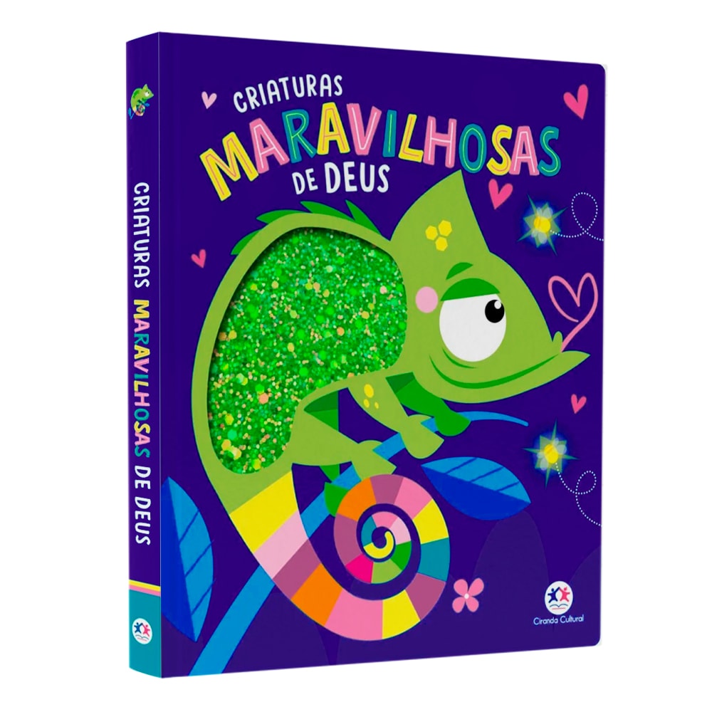 Livro Criaturas Maravilhosas de Deus, capa azul com camaleão verde brilhante e corações. — Plenitude