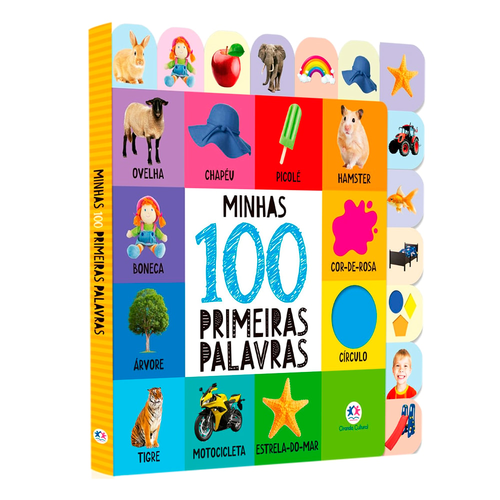Livro Minhas 100 Primeiras Palavras com abas, capa colorida com imagens de objetos e animais. — Plenitude