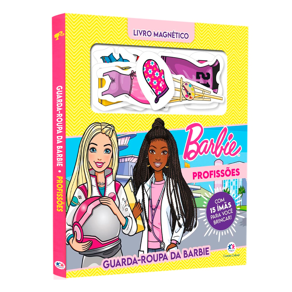 Livro Magnético Barbie Profissões Guarda-Roupa da Barbie, capa amarela com Barbie e 15 ímãs. — Plenitude