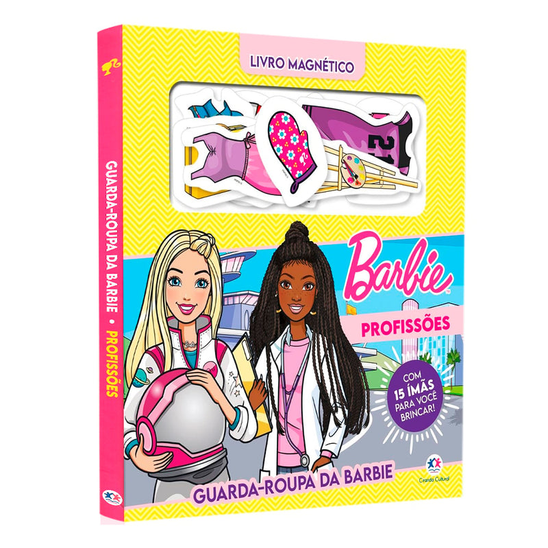 Livro Magnético Barbie Profissões Guarda-Roupa da Barbie, capa amarela com Barbie e 15 ímãs. — Plenitude