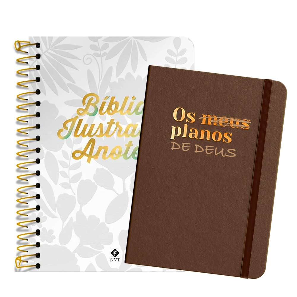 Kit com Bíblia Ilustrada Anote branca e caderno "Os Meus Planos de Deus" marrom. — Plenitude