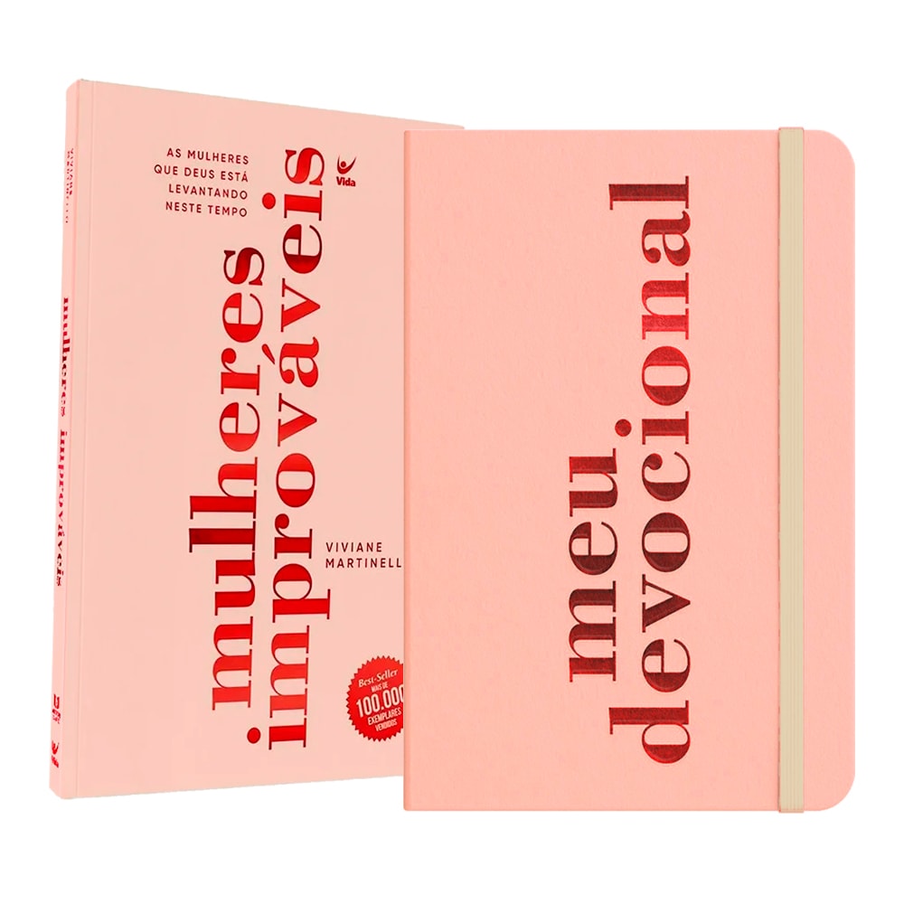 Kit Inspiração Diária: Livro Mulheres Improváveis rosa e devocional rosa com letras vermelhas. — Plenitude