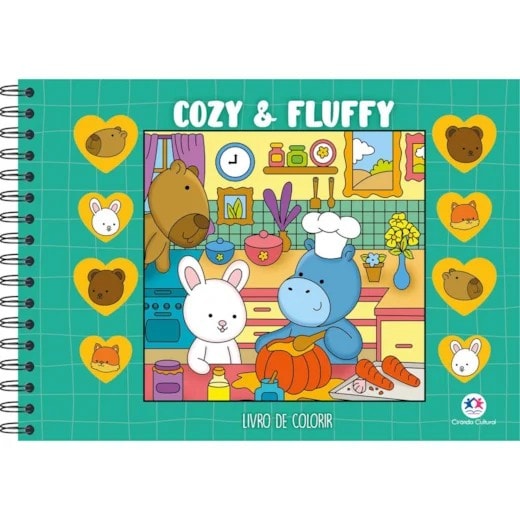 Livro de Colorir Cozy & Fluffy, capa dura verde com urso, coelho e hipopótamo cozinhando. — Plenitude