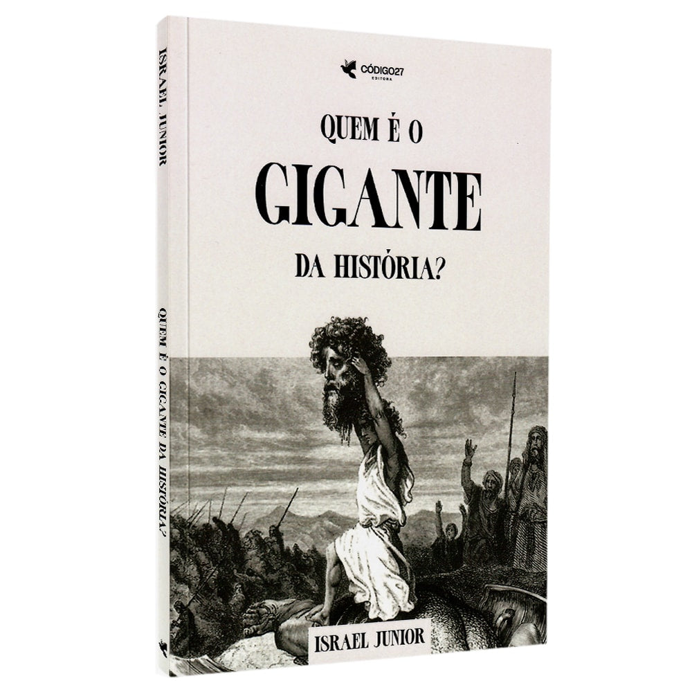 Livro Quem é o Gigante da História, capa branca com título em preto e ilustração de Davi segurando a cabeça de Golias. — Plenitude