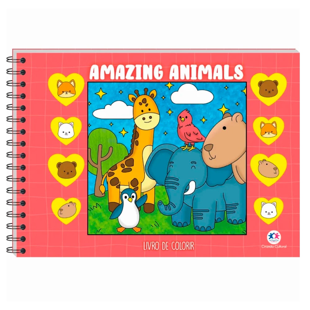 Livro de Colorir Amazing Animals, capa vermelha com girafa, elefante, pinguim e pássaro. — Plenitude