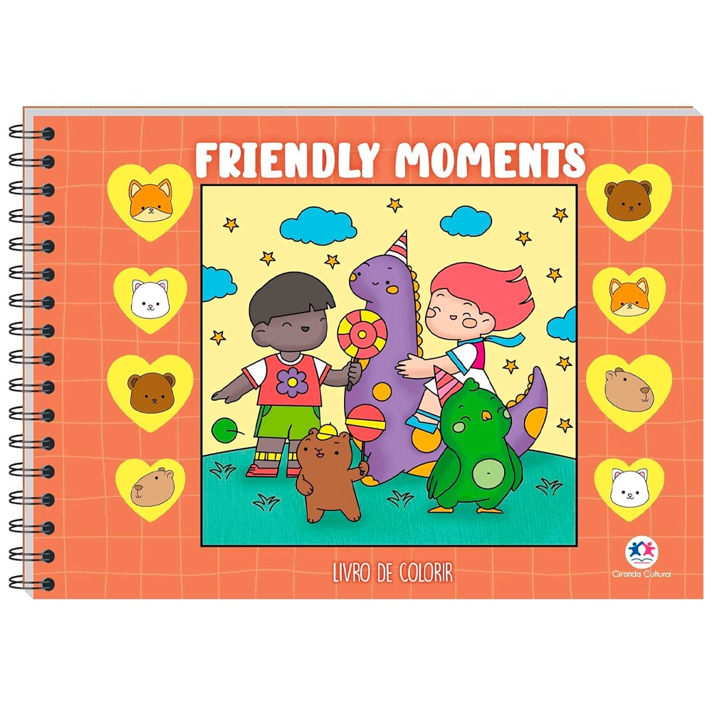 Livro de colorir Friendly Moments, capa laranja com ilustrações de crianças e animais. — Plenitude